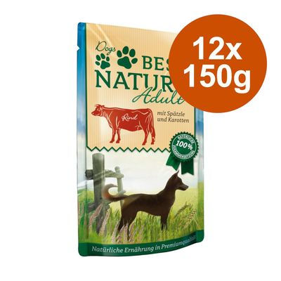 Paquet Best Nature Adult pour chiens, bœuf, avec spätzle et carottes, 12 x 150 g. Texte visible : 100 % naturellement, naturelle Ernährung in Premiumqualität.